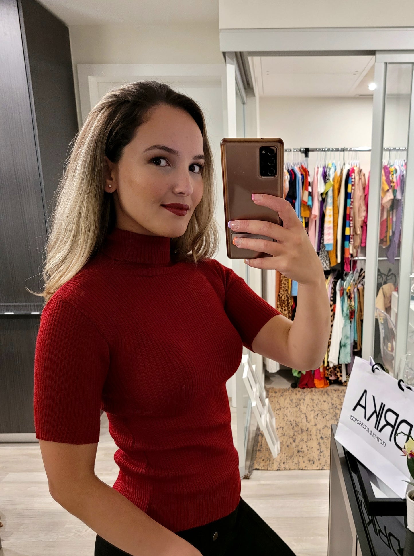 Turtle Neck Rib Knit Short Sleeve Shirt