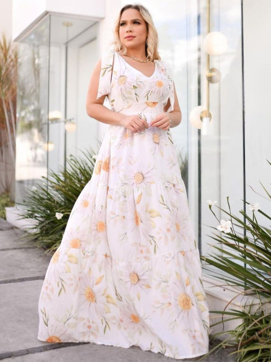 Floral Shoulder Tie Tiered Maxi Dress