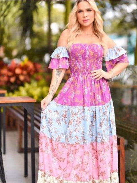 Gypsy Ruffle Sleeve Shirred Tiered Maxi Dress