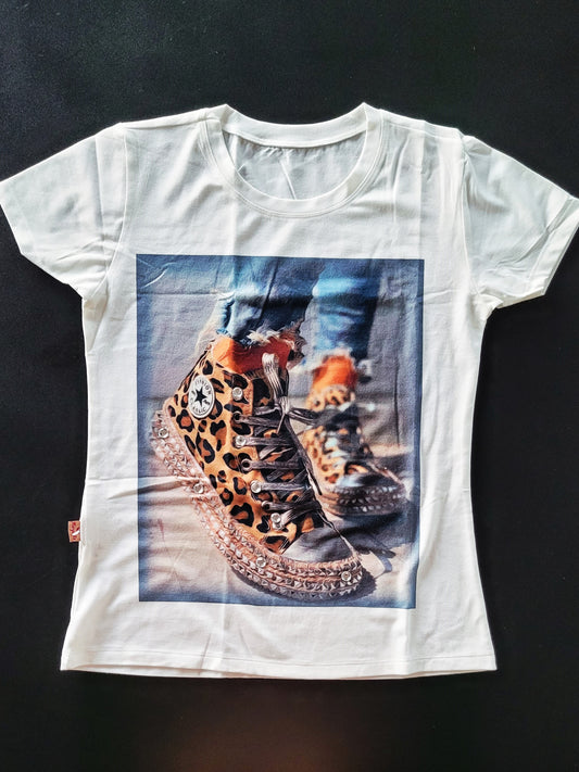 Animal Print Sneakers T-Shirt with Rhinestone Details