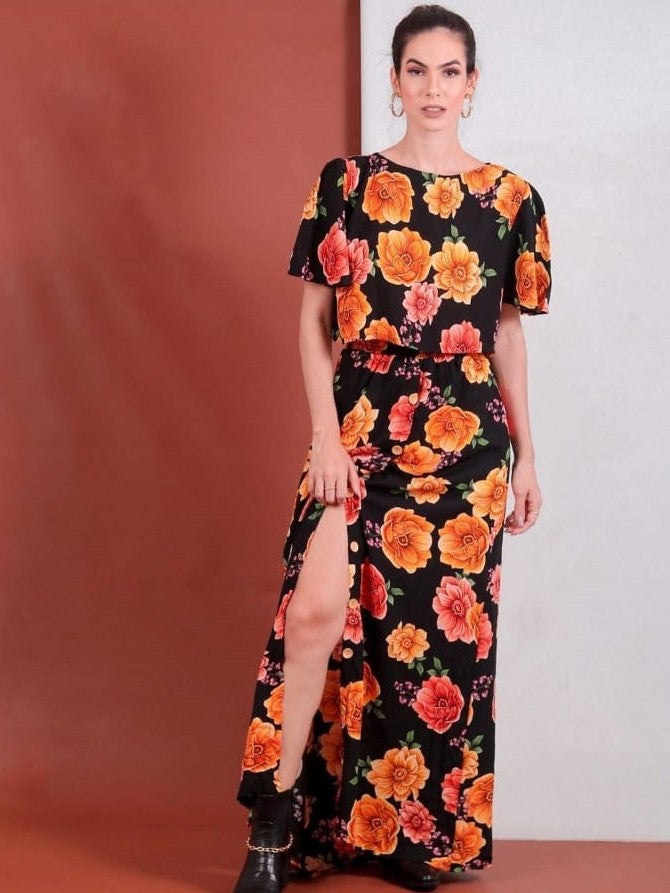 Floral Crop Top and Button Front Skirt Set