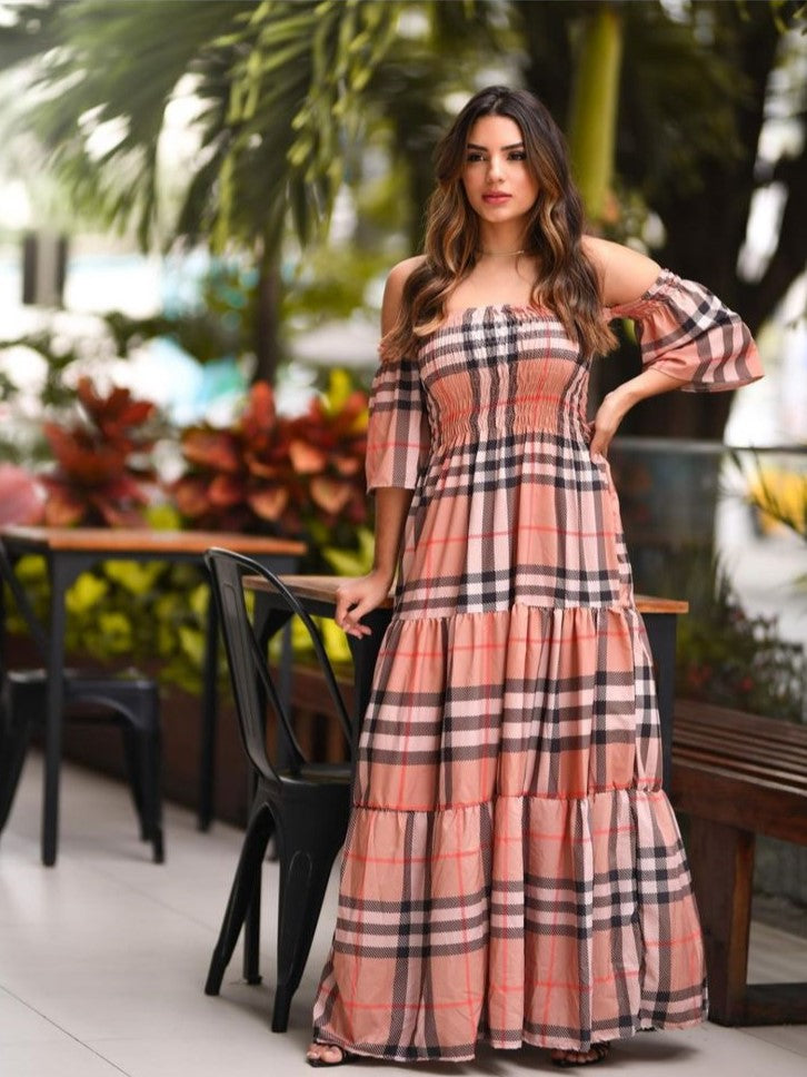 Plaid Gypsy Sleeve Shirred Maxi Dress