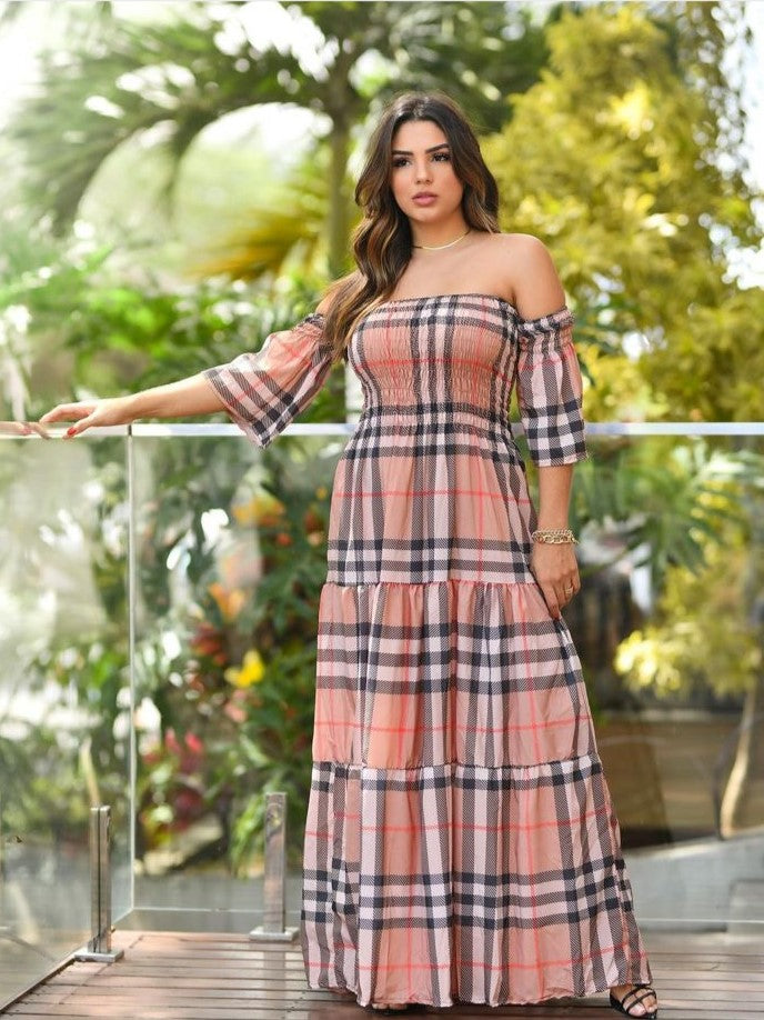 Plaid Gypsy Sleeve Shirred Maxi Dress