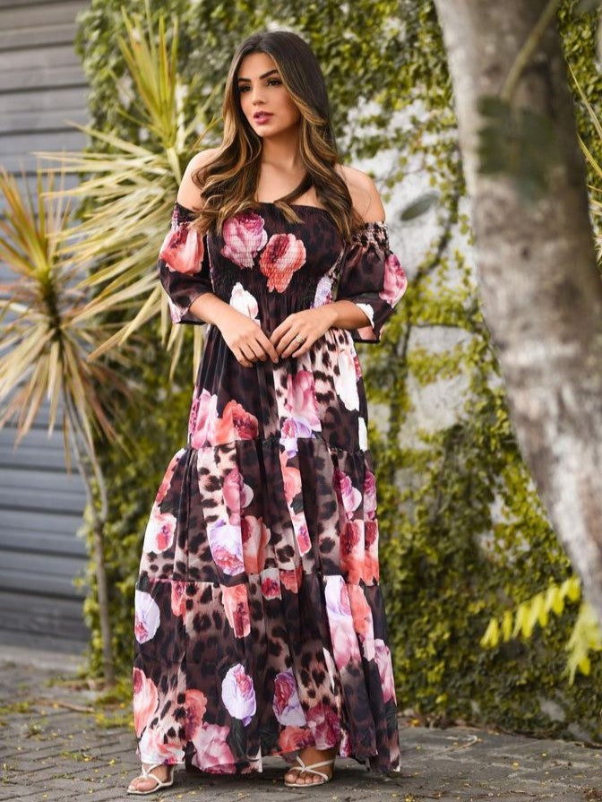 Plaid Gypsy Sleeve Shirred Maxi Dress