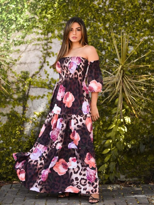 Floral Gypsy Sleeve Shirred Maxi Dress