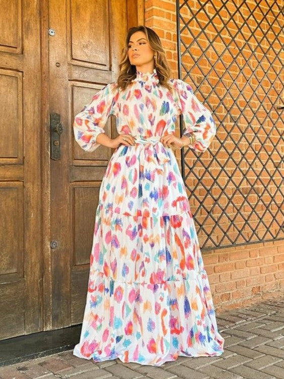 Shirred High Neck Long Sleeve Maxi Dress