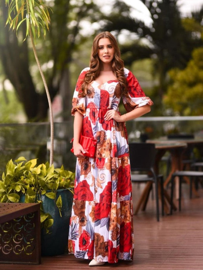 Floral 3/4 Sleeve Molded Cup Shirred (back) Maxi Dress