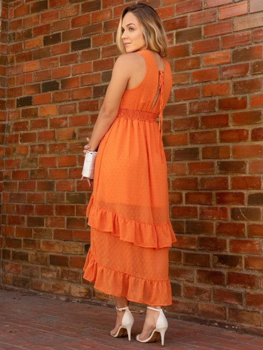 Swiss Dot Chiffon V-Neck Ruffle Tie Back Dress