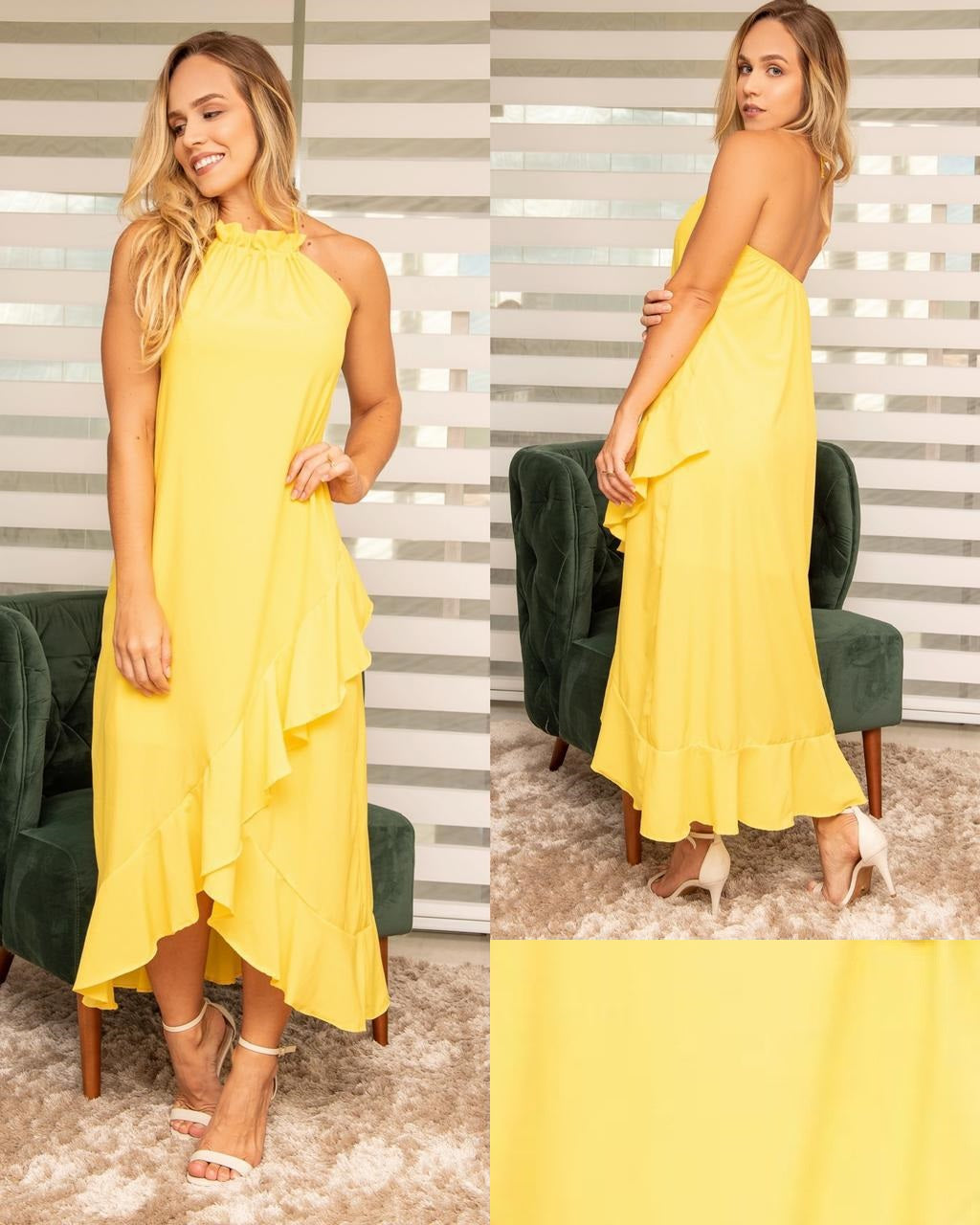 High Neck Tie Backless Ruffle Hem Dress