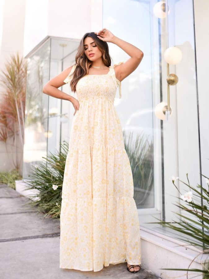 Shoulder Tie Shirred Tiered Maxi Dress – Drika Vancouver