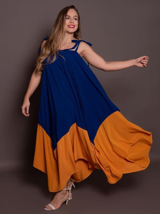 Shoulder Tie Duo Color Hem Maxi Dress