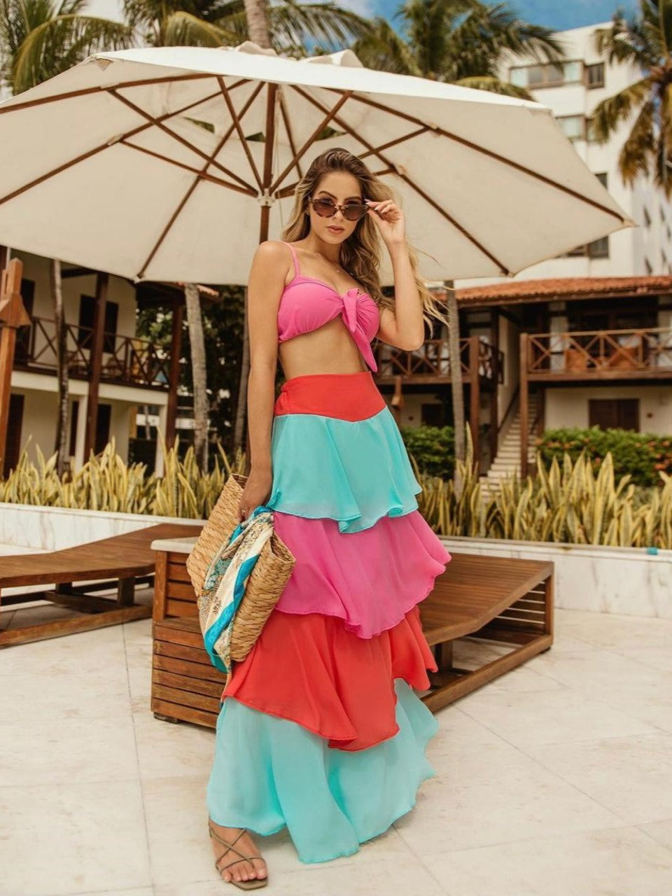 Layered Color High Waist Skirt with Molded Cup Top